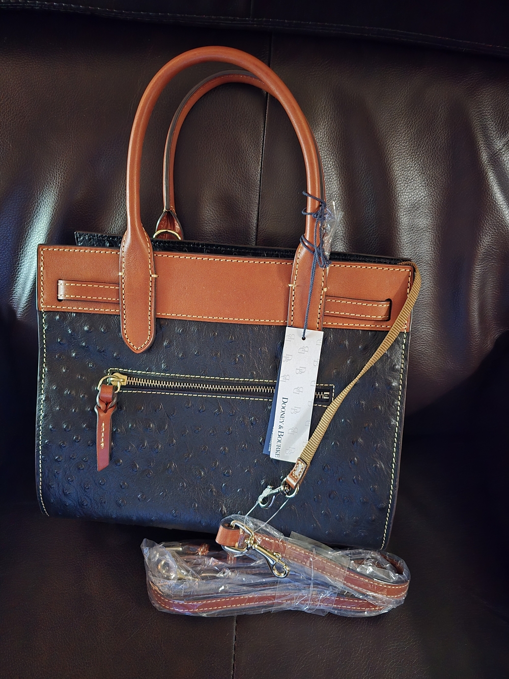 Dooney & Bourke Two-Tone Leather Ostrich Tote - Black and Tan - Picture 2 of 7